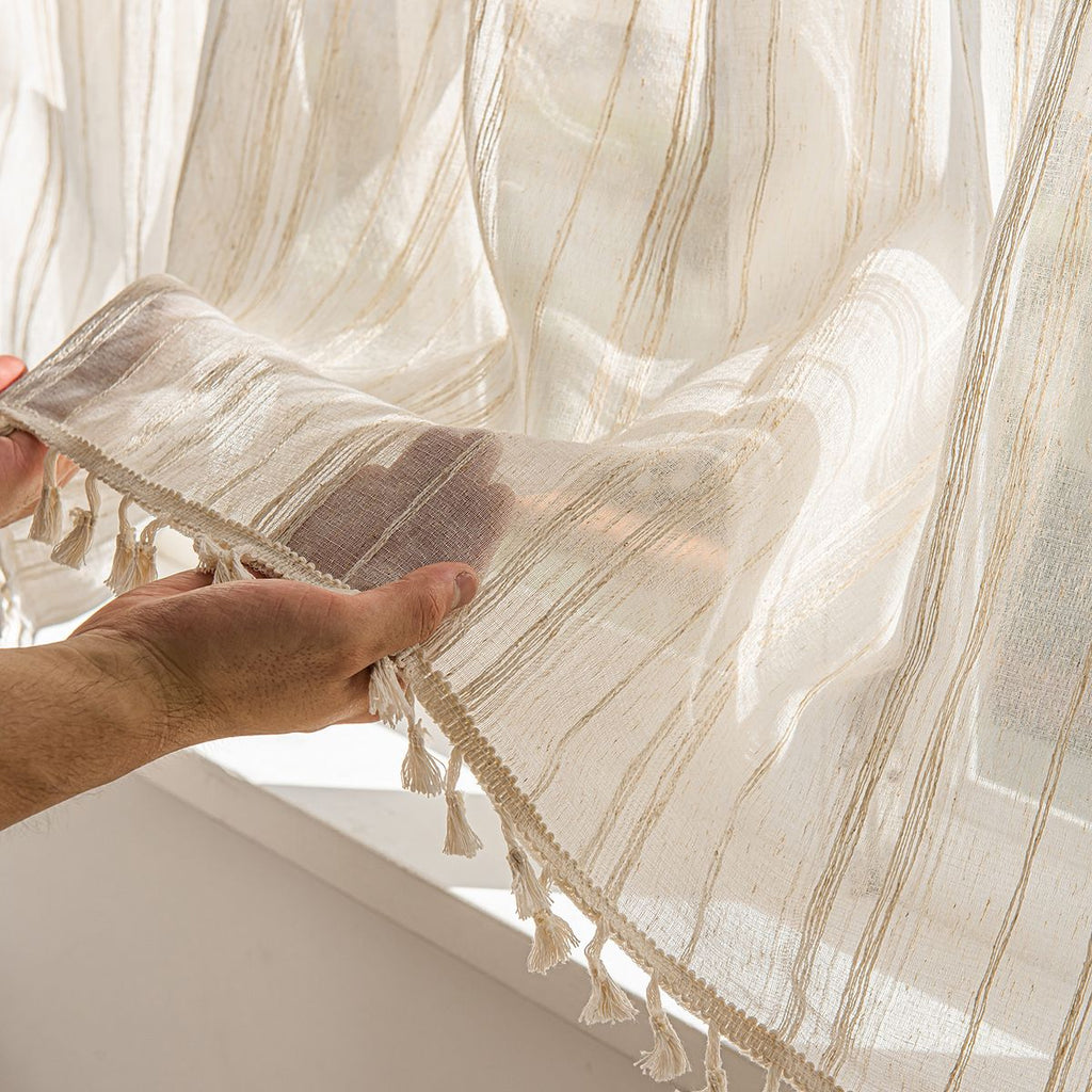 Deeprove Boho Textured Valance Tier, Neutral Bohemian Farmhouse Chic Kitchen Closet Textured Burlap with Tassels, Window Treatment Small Linen Stripe Curtain Wall Decor, 1 Panel 57" W x 24" L