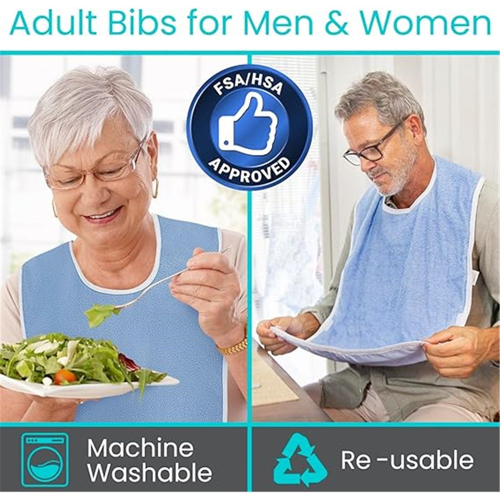 2pcs Adult Bibs - Waterproof Apron Set for Men, Women for Eating with Adjustable Strap - Washable Reusable Large Terry Cloth
