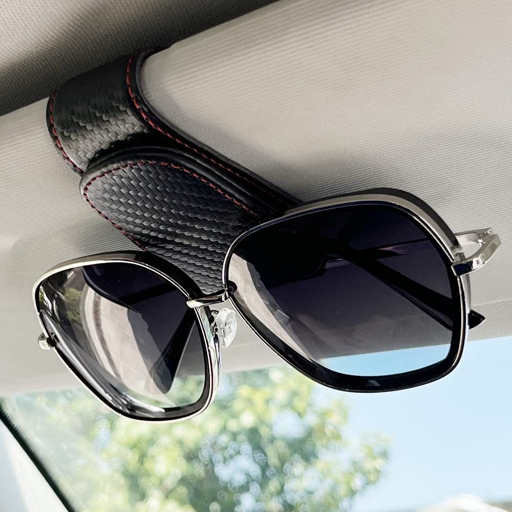 4Pcs Sunglass Holder for Car, Magnetic Leather Eyeglass Hanger Clip for Car Sun Visor, Sunglasses Holder and Ticket Card Clip for Car Visor Accessories (Carbon Fibre Black)