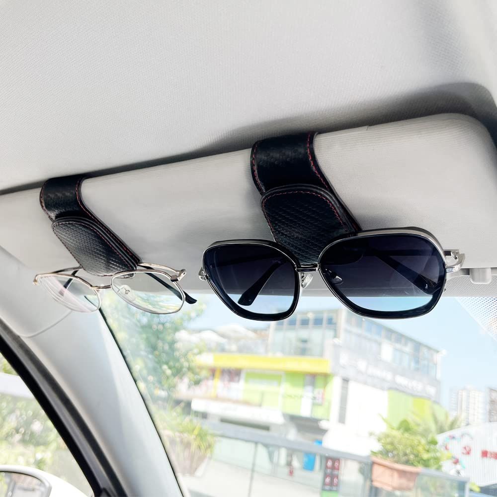 4Pcs Sunglass Holder for Car, Magnetic Leather Eyeglass Hanger Clip for Car Sun Visor, Sunglasses Holder and Ticket Card Clip for Car Visor Accessories (Carbon Fibre Black)