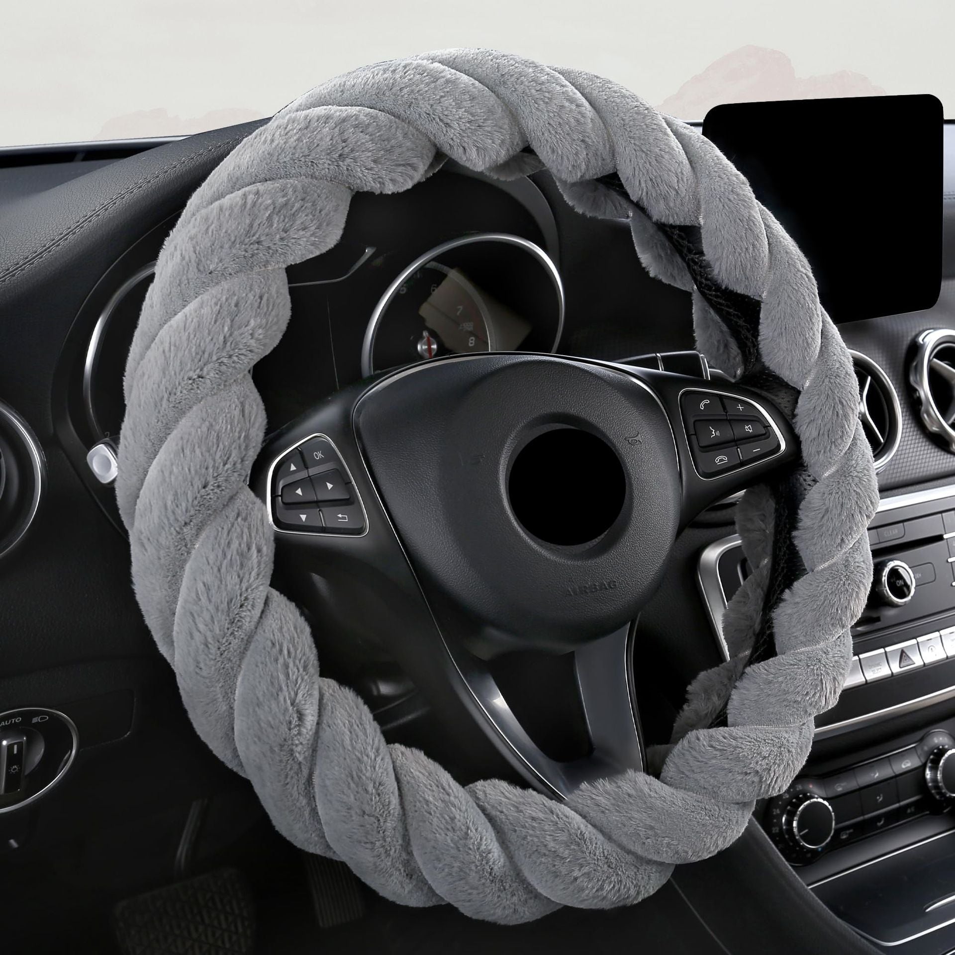 Luxury Fluffy Winter Car Steering Wheel Cover for Women Soft Warm Plush Cute Auto Accessories for Vehicle, Sedan, Universal, Fuzzy, Anti Slip, Gray, Standard Size 38cm