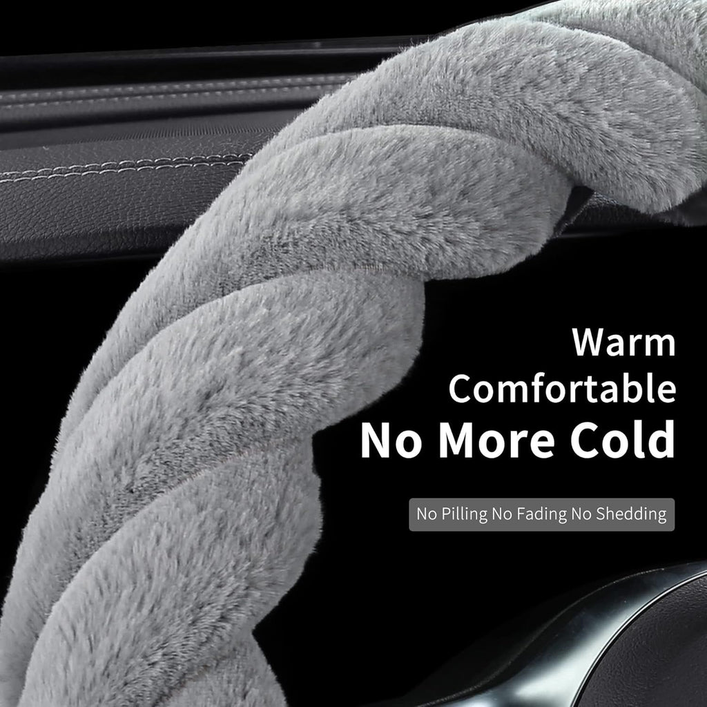 Luxury Fluffy Winter Car Steering Wheel Cover for Women Soft Warm Plush Cute Auto Accessories for Vehicle, Sedan, Universal, Fuzzy, Anti Slip, Gray, Standard Size 38cm