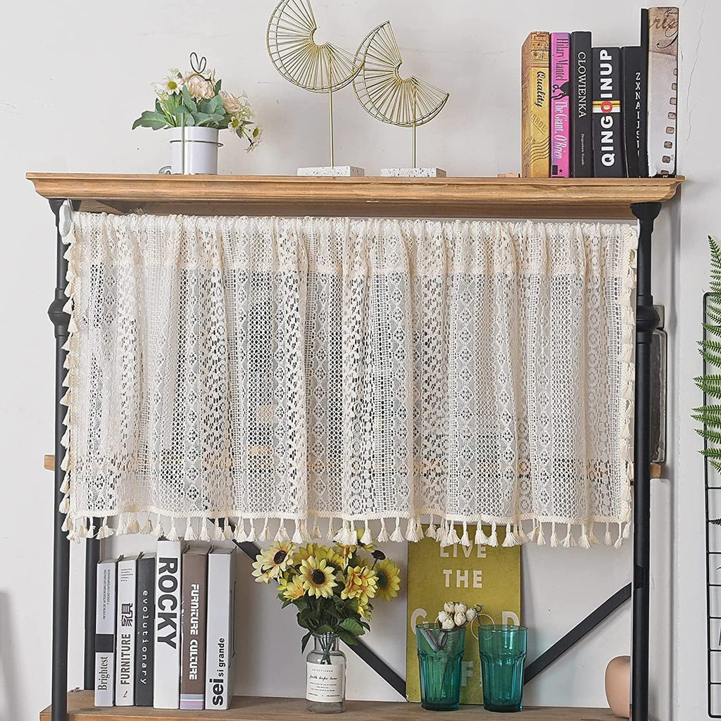 Boho Curtain Crochet Lace with Bohemian Hollow Knitted Handmade Tassels, Short Farmhouse Window Treatment for Kitchen Cafe, Rod Pocket, 1 Panel 59" W x 24" L, Beige
