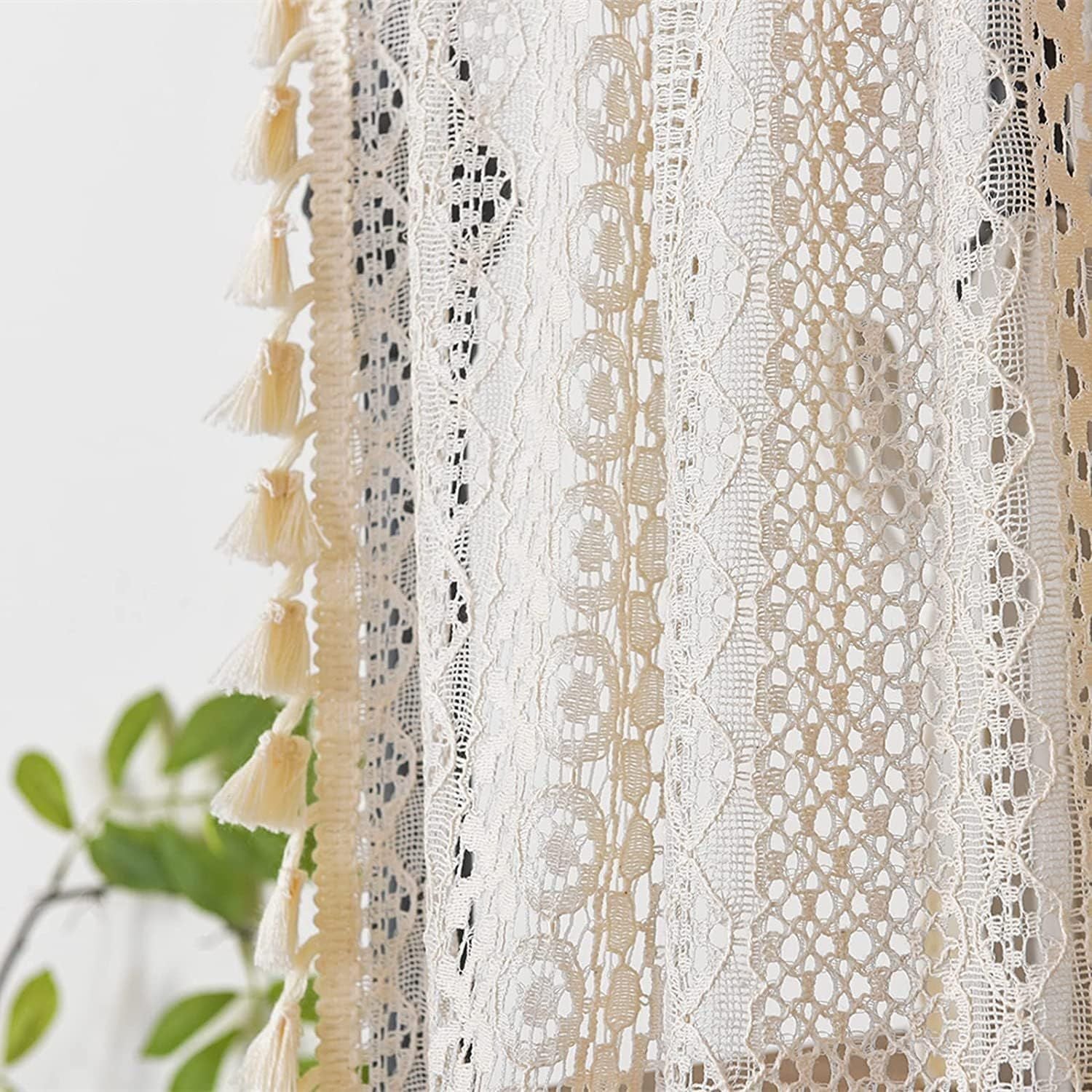 Boho Curtain Crochet Lace with Bohemian Hollow Knitted Handmade Tassels, Short Farmhouse Window Treatment for Kitchen Cafe, Rod Pocket, 1 Panel 59" W x 24" L, Beige