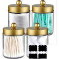 4 Pack Apothecary Jars Bathroom Vanity Storage Organizer Set -Countertop Canister with Stainless Steel Lids &Cute Stickers Dispenser Holder for Qtips,Cotton Swabs,Makeup Sponges(Gold)
