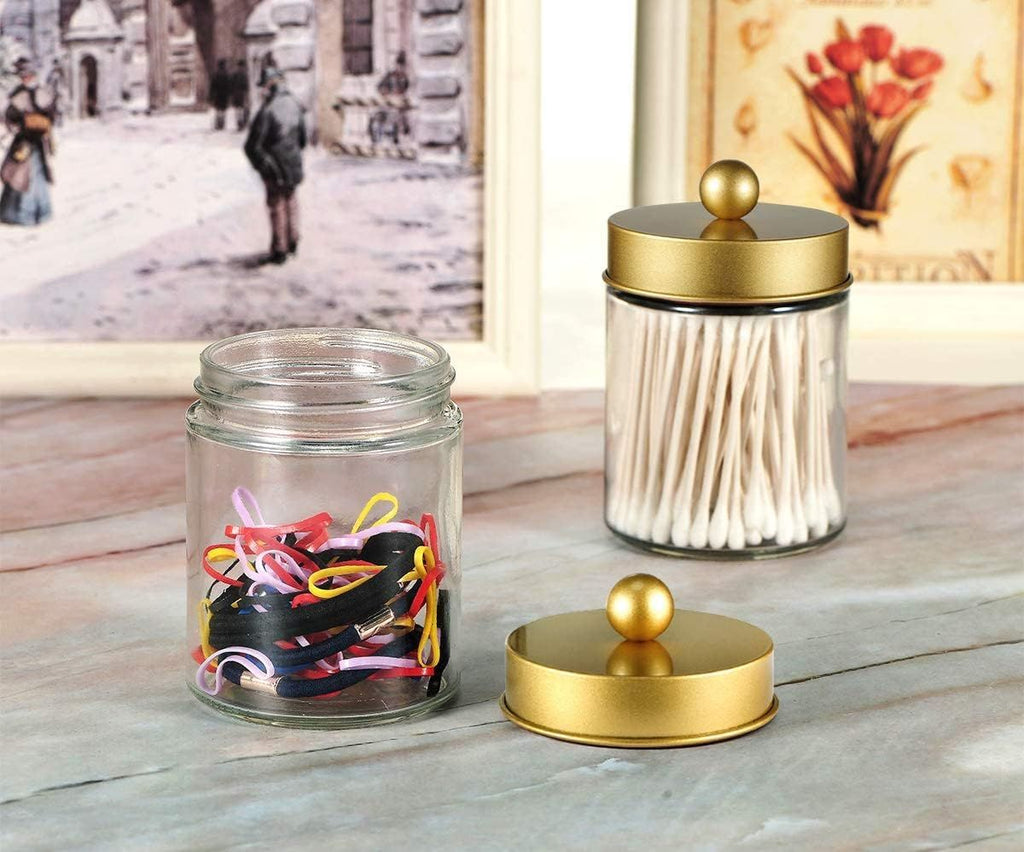 4 Pack Apothecary Jars Bathroom Vanity Storage Organizer Set -Countertop Canister with Stainless Steel Lids &Cute Stickers Dispenser Holder for Qtips,Cotton Swabs,Makeup Sponges(Gold)