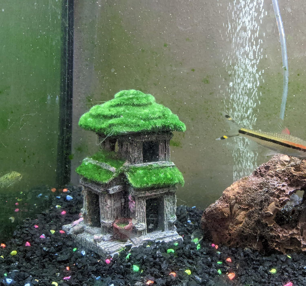Fish House - Aquarium Decoration with Lifelike Moss, Comes Fish Tank Accessories witth Big Hole for Fish Sleep Rest Hide and Play