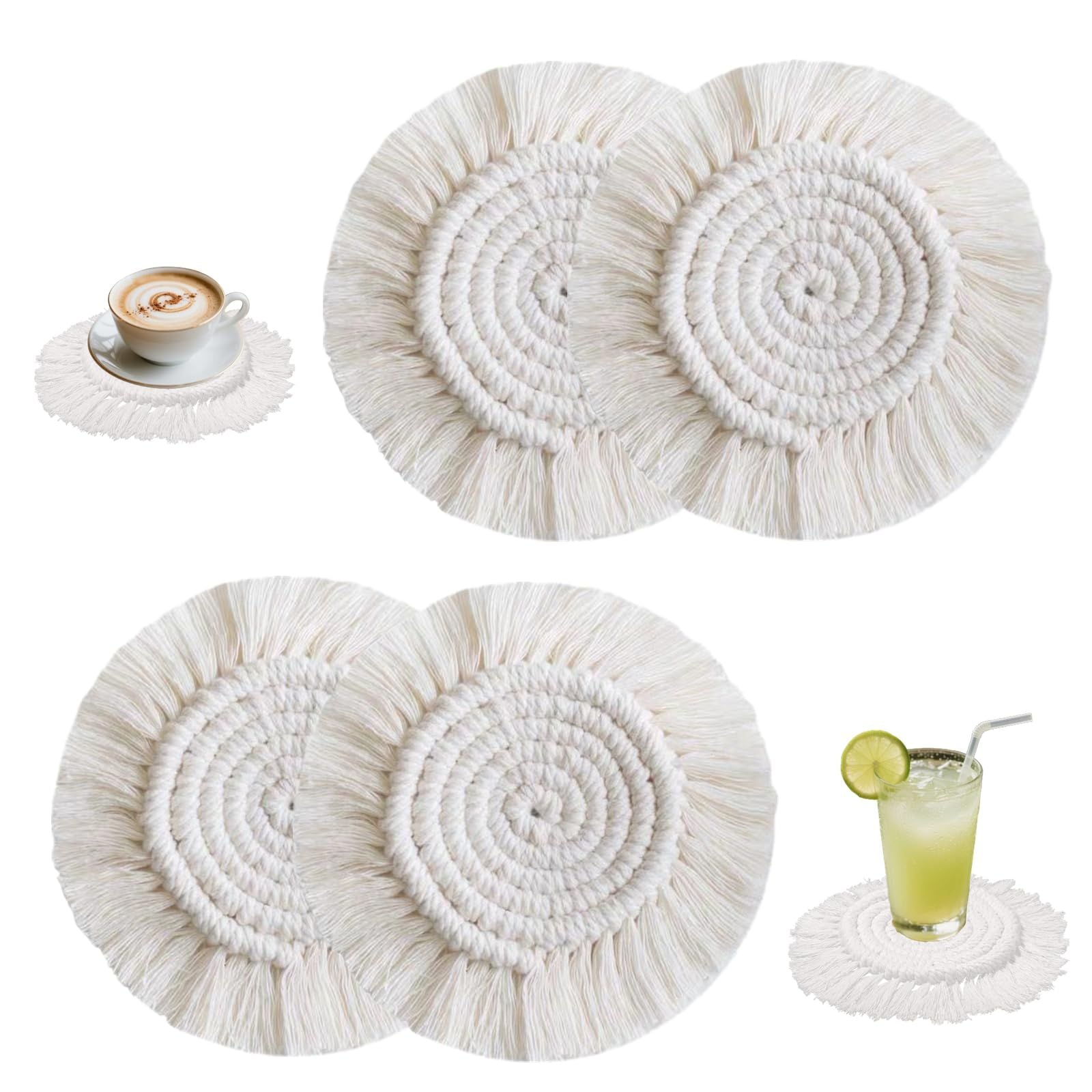 4 PCS Boho Coasters for Drinks Absorbent, Cotton Coasters for Wooden Table Round Drink Coaster Set with Tassels Housewarming Gift Bar Coffee Table Office Desk Decor