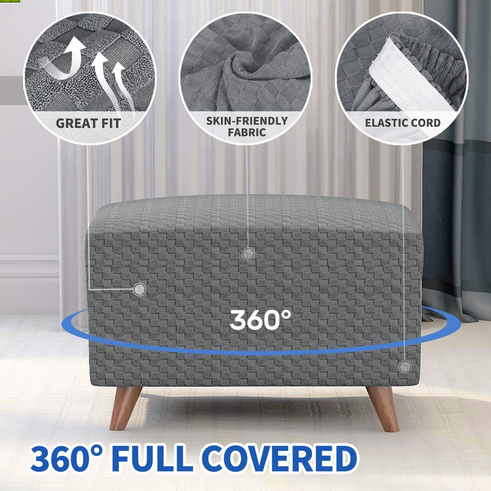 Jacquard Design High Stretch Folding Storage Footstool Protector Rectangle Removable Slipcover (S Light Gray)