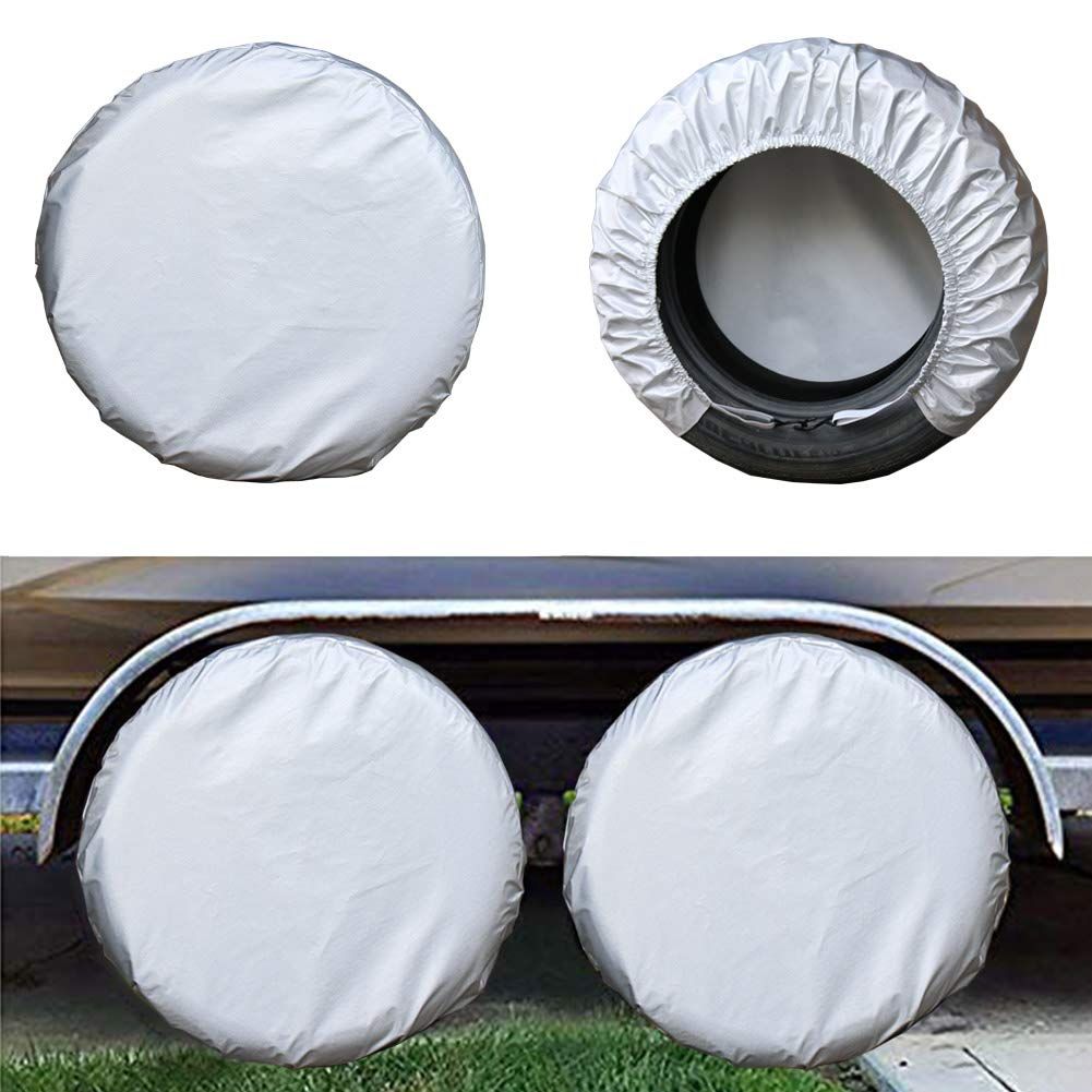 Tire Covers 4 Pack, Travel Trailer Camper Truck SUV Motorhome Waterproof Wheel Cover, Sun Rain Snow Protector, Fit 24-26 Inch Tire Diameter/Silver