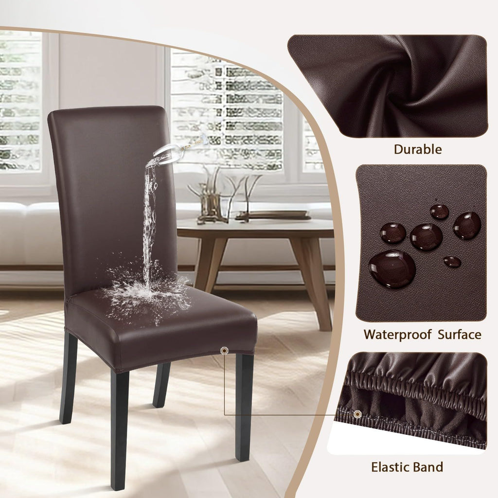 Waterproof PU Leather Dining Chair Covers Set of 4, Stretch Oilproof  Chair Slipcovers Removable Washable Kitchen Chair Protector for Dining Room (Brown)