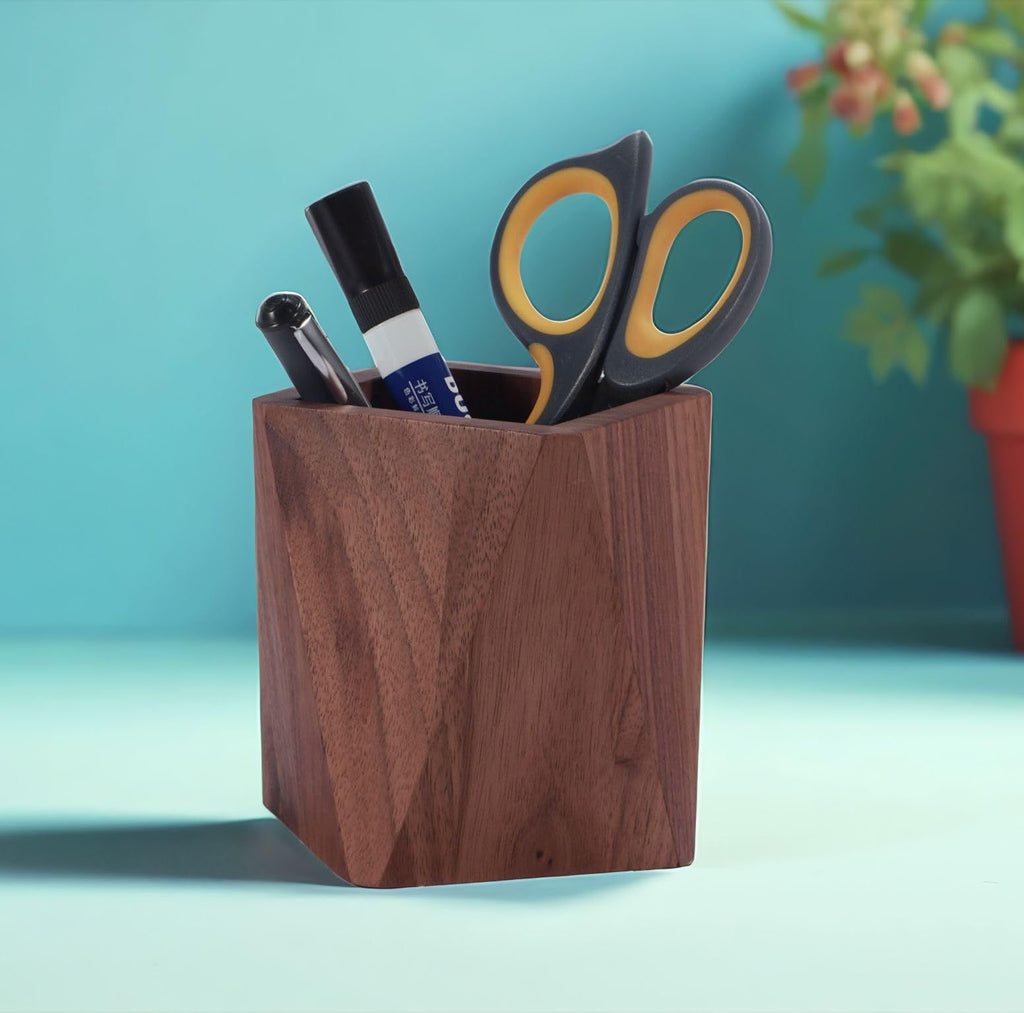Black Walnut Wooden Pencil Box, Multiple-Use Desk Writing Stationary Organizer Wood Pen Holder Cups Office School Supplies Storage (Prismatic Shape)