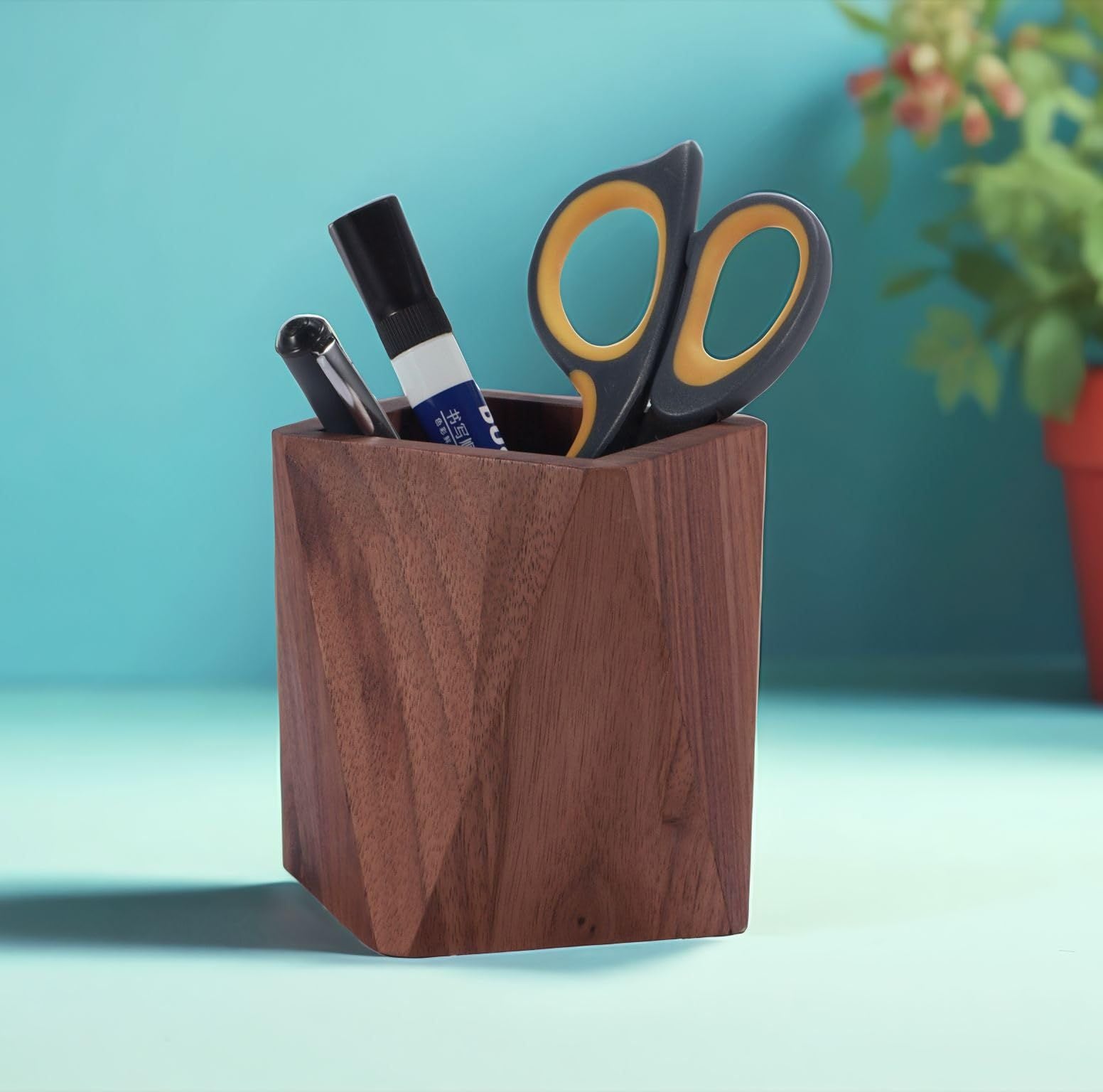 Black Walnut Wooden Pencil Box, Multiple-Use Desk Writing Stationary Organizer Wood Pen Holder Cups Office School Supplies Storage (Prismatic Shape)