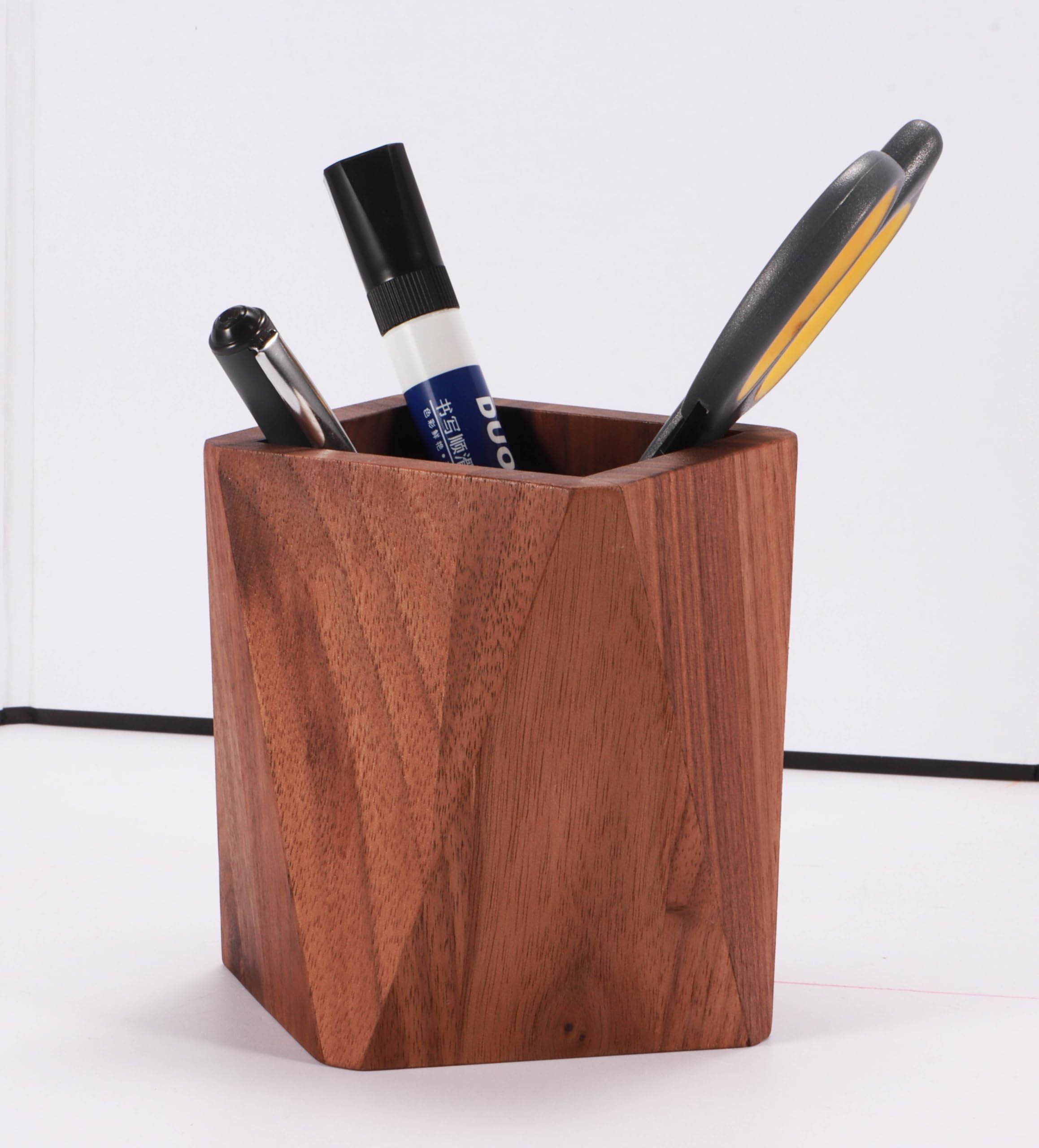 Black Walnut Wooden Pencil Box, Multiple-Use Desk Writing Stationary Organizer Wood Pen Holder Cups Office School Supplies Storage (Prismatic Shape)