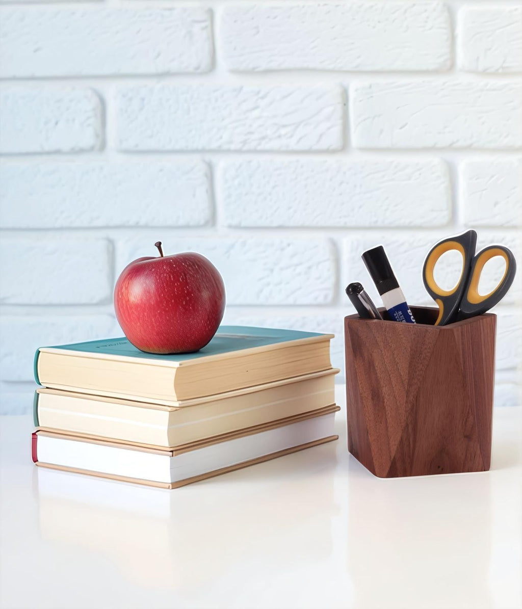 Black Walnut Wooden Pencil Box, Multiple-Use Desk Writing Stationary Organizer Wood Pen Holder Cups Office School Supplies Storage (Prismatic Shape)