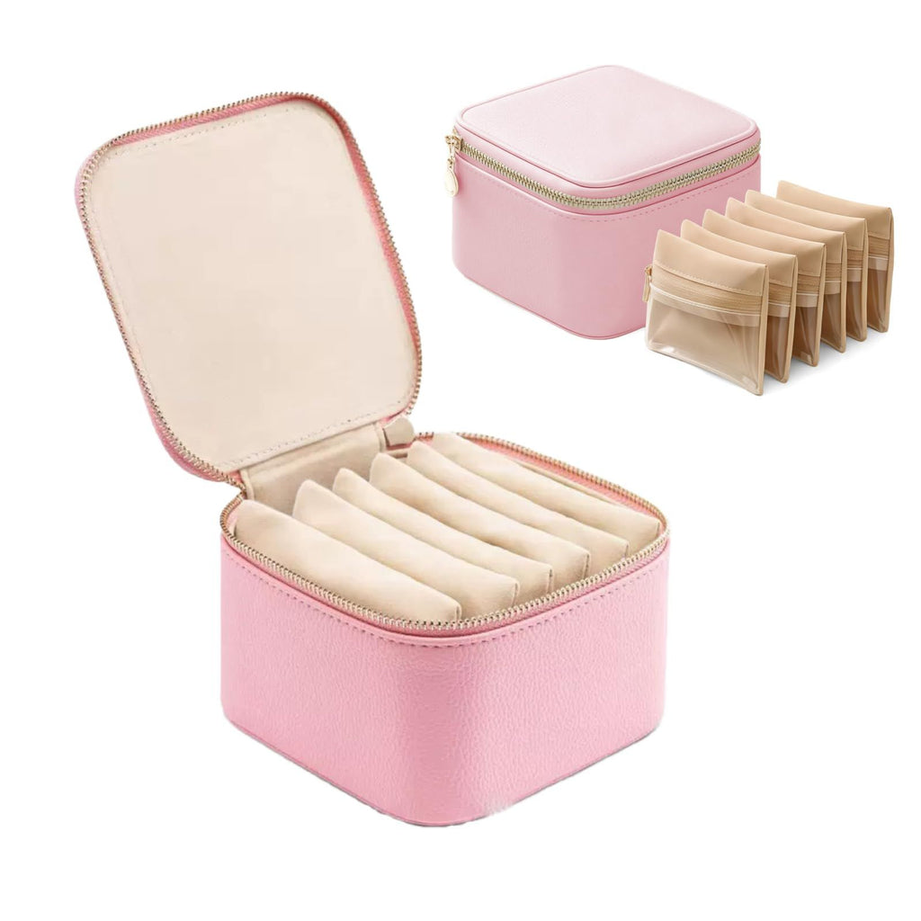 Travel Jewelry Box Organizer - 6 Small Zipped Pouches Pockets for Jewelries Necklaces Rings Earrings Sorting Storage,  Pink