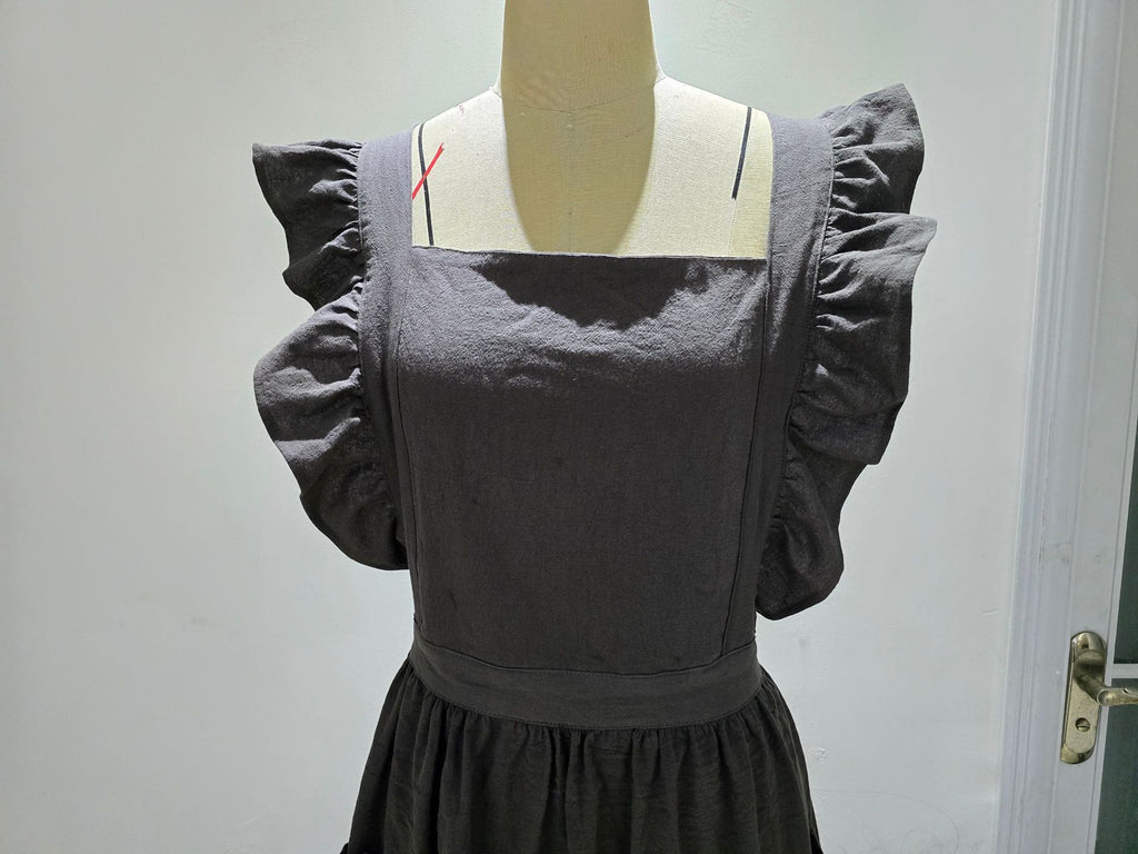 Cotton Linen Apron for Women Cross Back Smock Apron Pinafore Dress with Pockets for Kitchen Gardening Painting（grey）