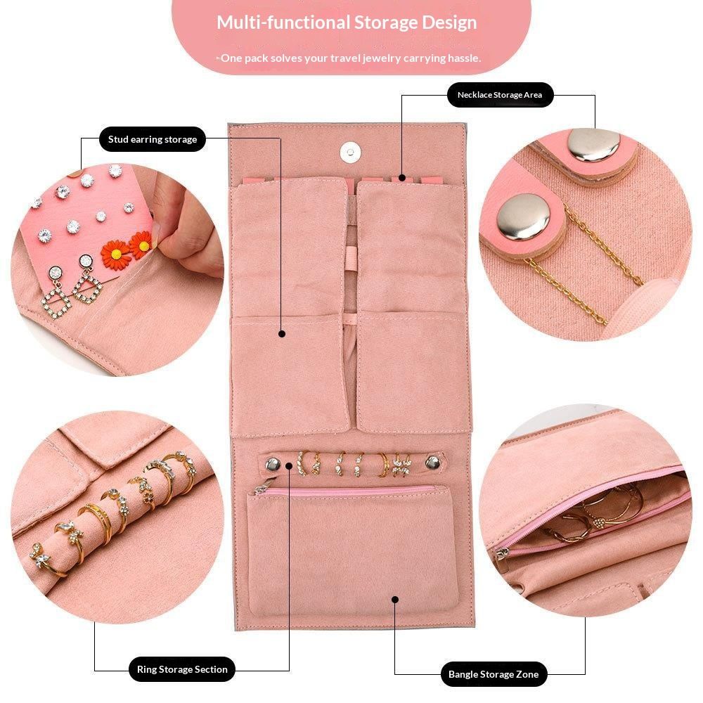 Roll Travel Jewel Bag case for Multiple Necklaces, Rings, Bracelets, Supple Leather & Suede, 1pcs Large Capacity Without Crease, Lightweight, Portable & Practical (pink)
