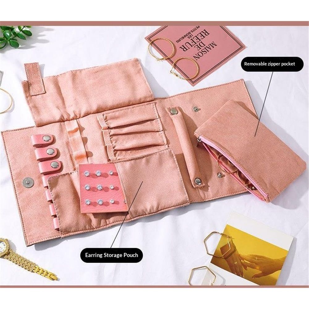 Roll Travel Jewel Bag case for Multiple Necklaces, Rings, Bracelets, Supple Leather & Suede, 1pcs Large Capacity Without Crease, Lightweight, Portable & Practical (pink)