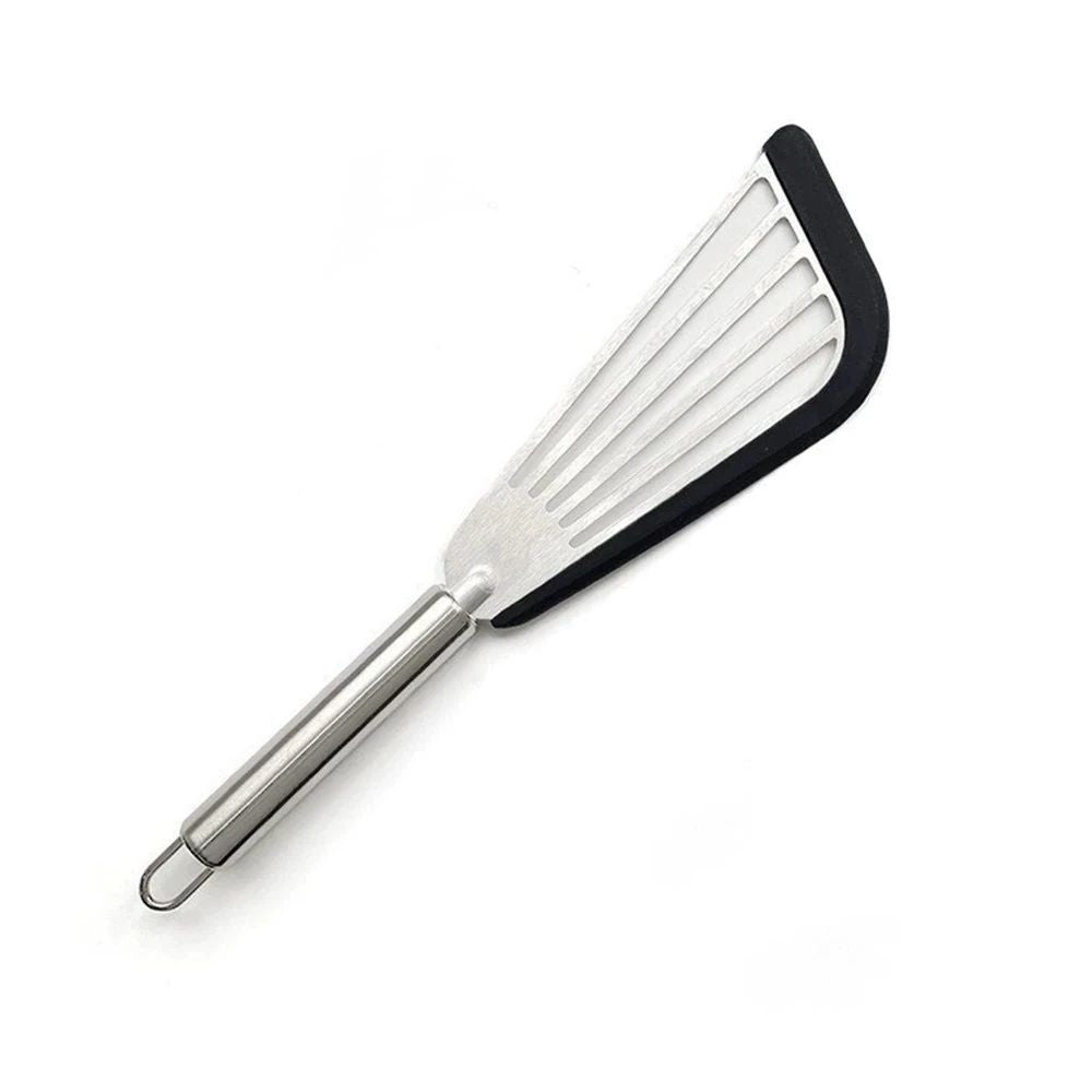 Stainless Steel Fish Turner with Silicone Tip – Nonstick, Heat-Resistant, Flexible Spatula for Delicate Foods – Ergonomic Handle, Dishwasher（ black edging）