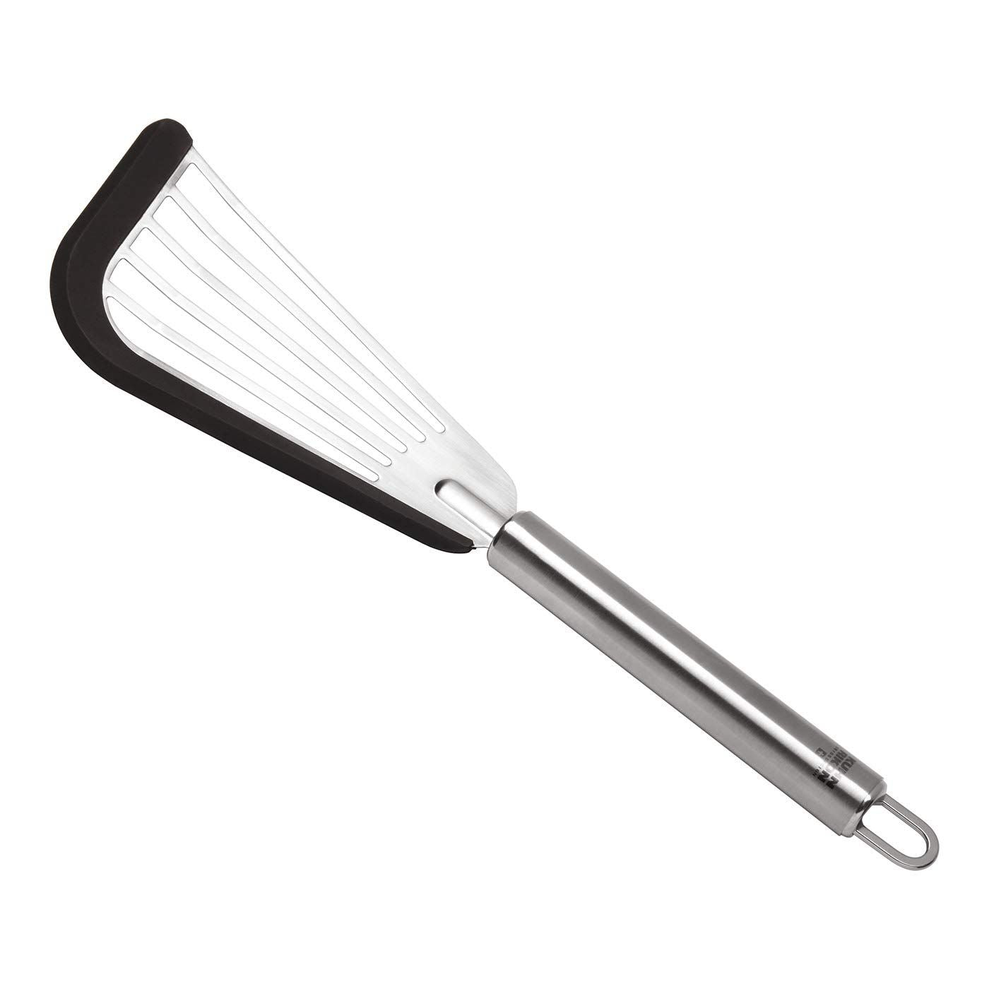 Stainless Steel Fish Turner with Silicone Tip – Nonstick, Heat-Resistant, Flexible Spatula for Delicate Foods – Ergonomic Handle, Dishwasher（ black edging）