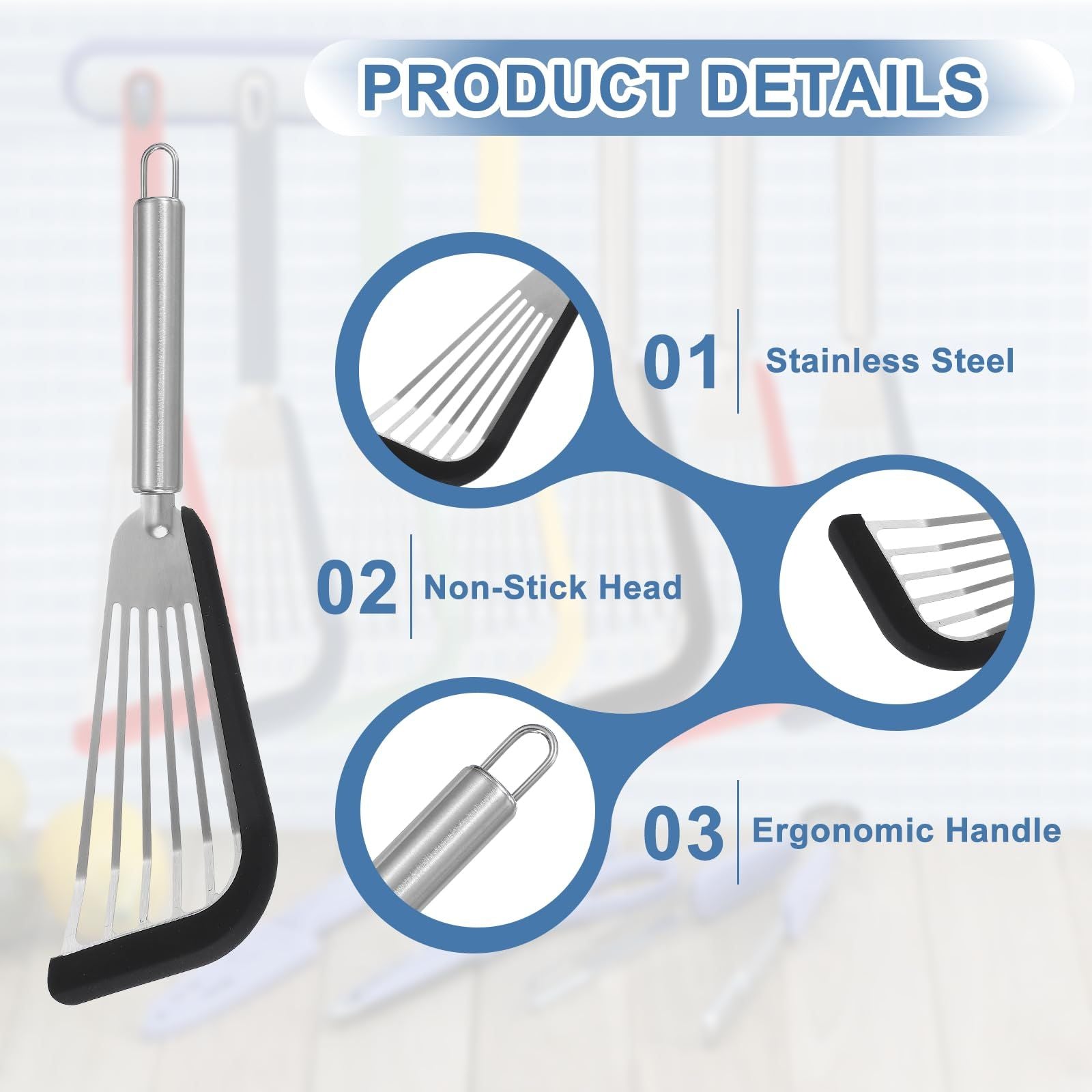 Stainless Steel Fish Turner with Silicone Tip – Nonstick, Heat-Resistant, Flexible Spatula for Delicate Foods – Ergonomic Handle, Dishwasher（ black edging）