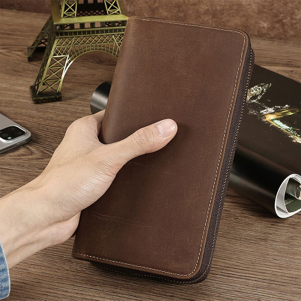 Genuine Leather anti-theft  Long Wallet for Men with Zipper Blocking Vintage Bifold Purse, Clutch Bag, Handbag, Checkbook, Cash  brown