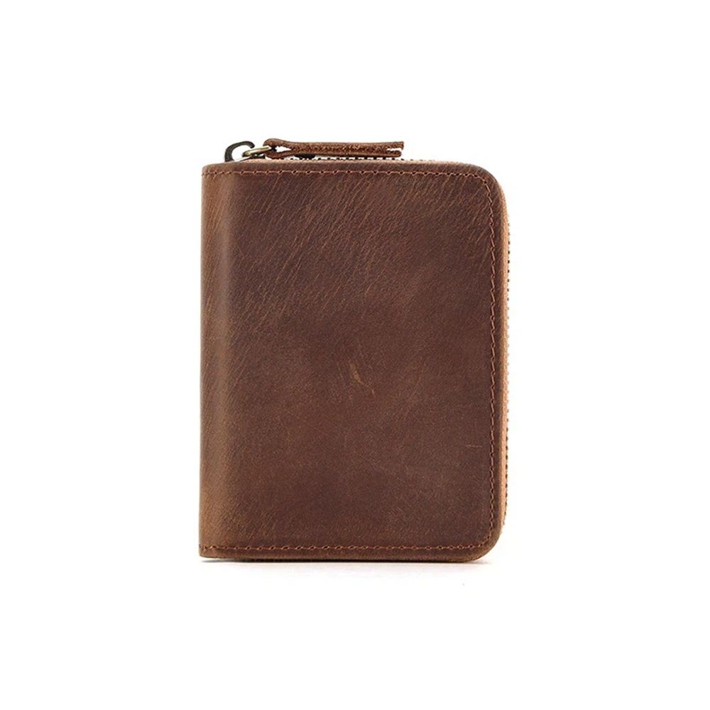 Zipper wallet men's barrier leather double fold credit card wallet men's minimalist leather wallet card holder gift （brown）
