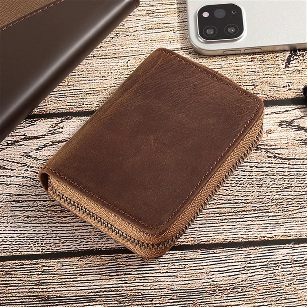 Zipper wallet men's barrier leather double fold credit card wallet men's minimalist leather wallet card holder gift （brown）