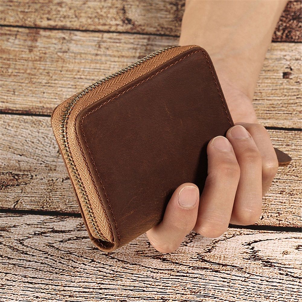 Zipper wallet men's barrier leather double fold credit card wallet men's minimalist leather wallet card holder gift （brown）