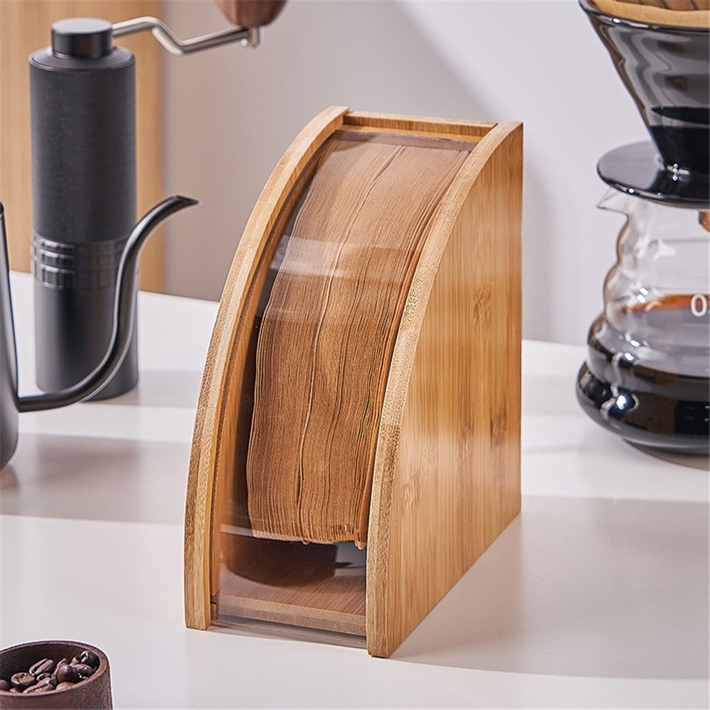Coffee Filter Holder, Coffee Paper Storage Container  Coffee Filters Bamboo Coffee Filter Paper Dispenser Rack with Dustproof Cover Filter Organizer（Fan shaped small size）