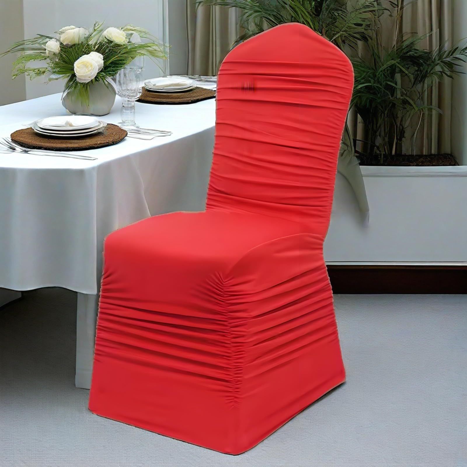 2pcs Ruffle Spandex Banquet Fitted Chair Covers, Ruffled Ruched  Stretch Elastic Wedding Party Decoration Chair - red