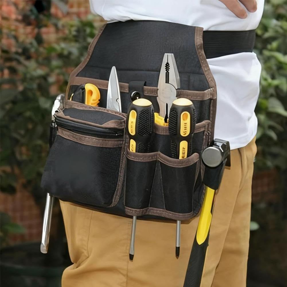 Multifunctional Tool Storage Bag - Tool Bags Roll Up, Oxford Cloth Multi-Pocket Organizer for Electrician, Automotive and Gardening Tools, Adjustable Waist Bag(Brown)