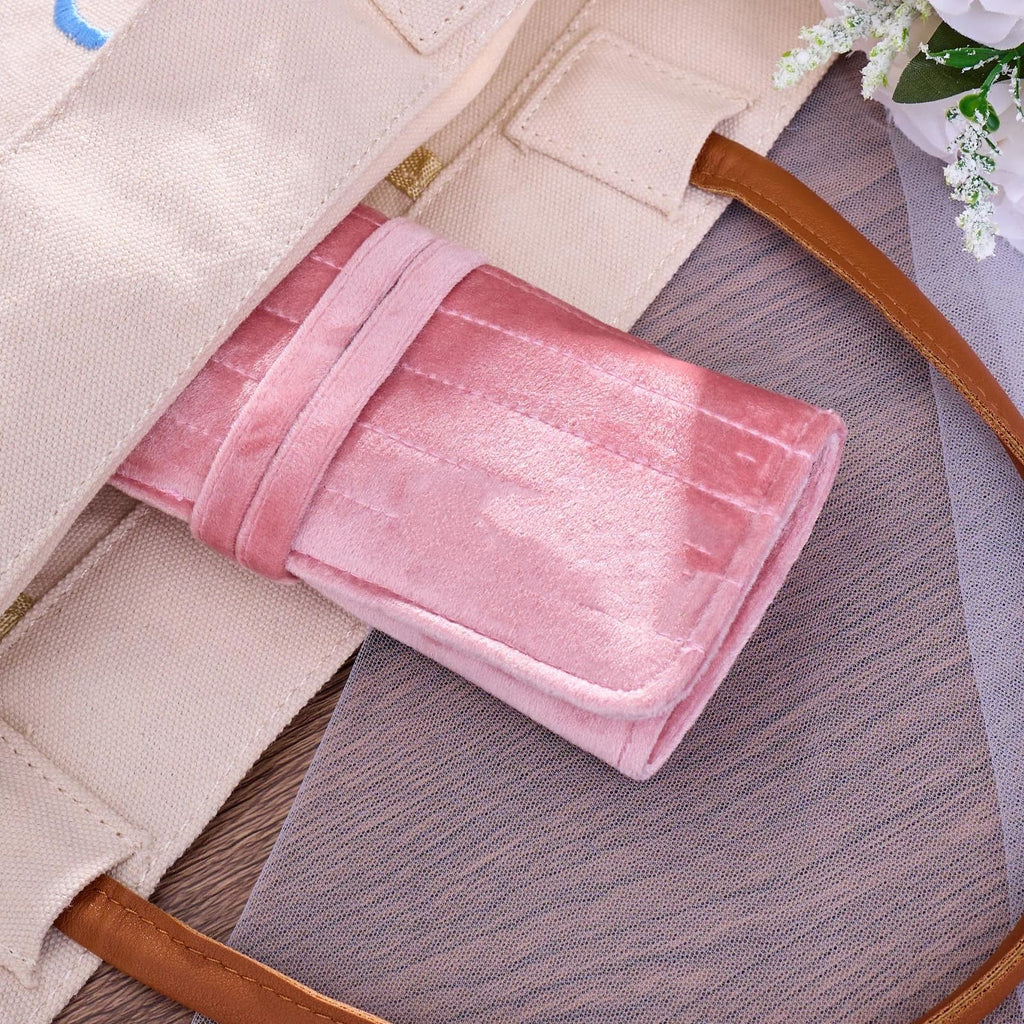 Pink Portable Jewelry Roll Organizer for Bride Untangled Necklace Ring Earrings Bracelet Foldable Travel Storage Bag Case Displays Holder Velvet Pouch