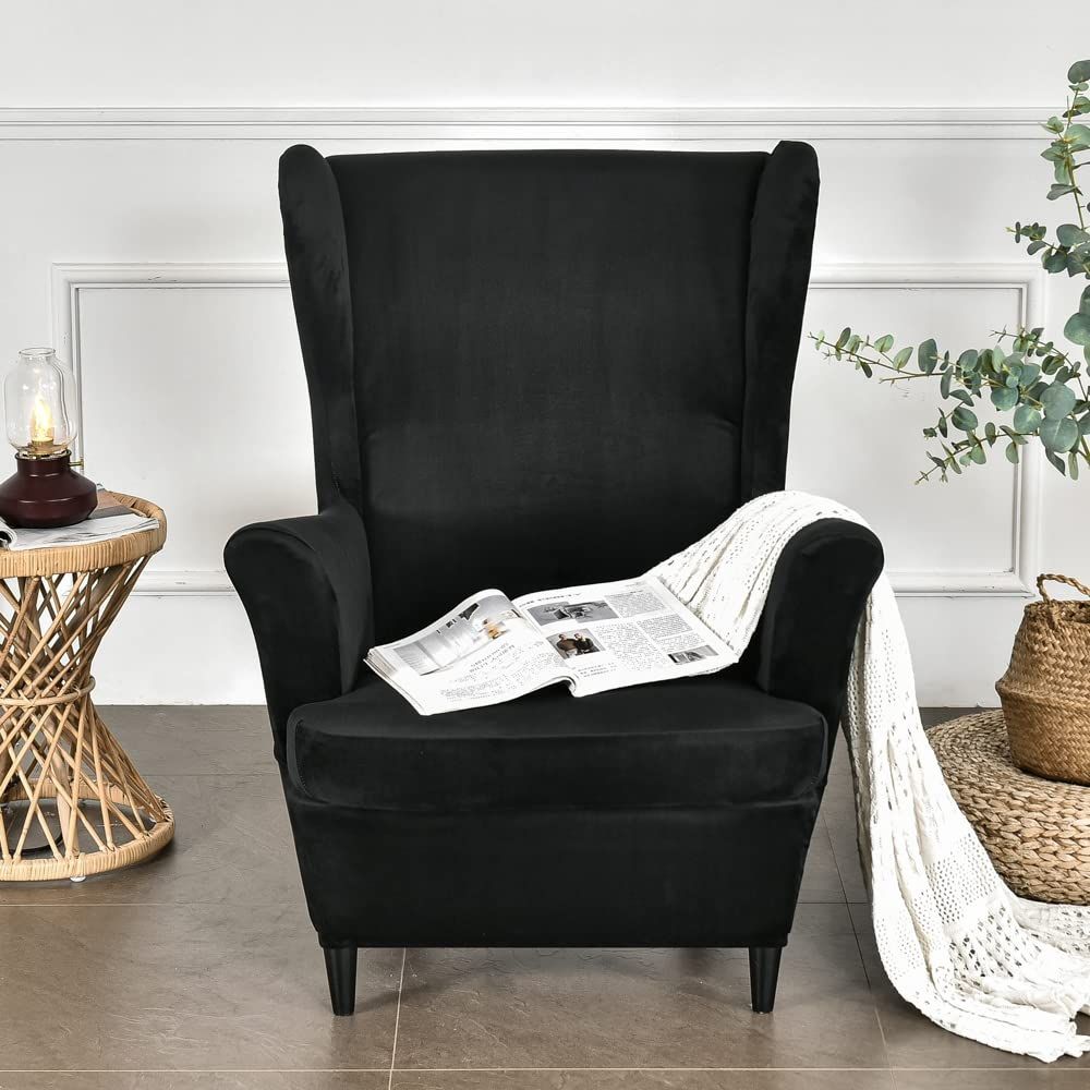Tiger stool cover+cushion cover elastic silver fox fur cover soft armrest chair cover, with elastic bottom, suitable for living room and bedroom (black)