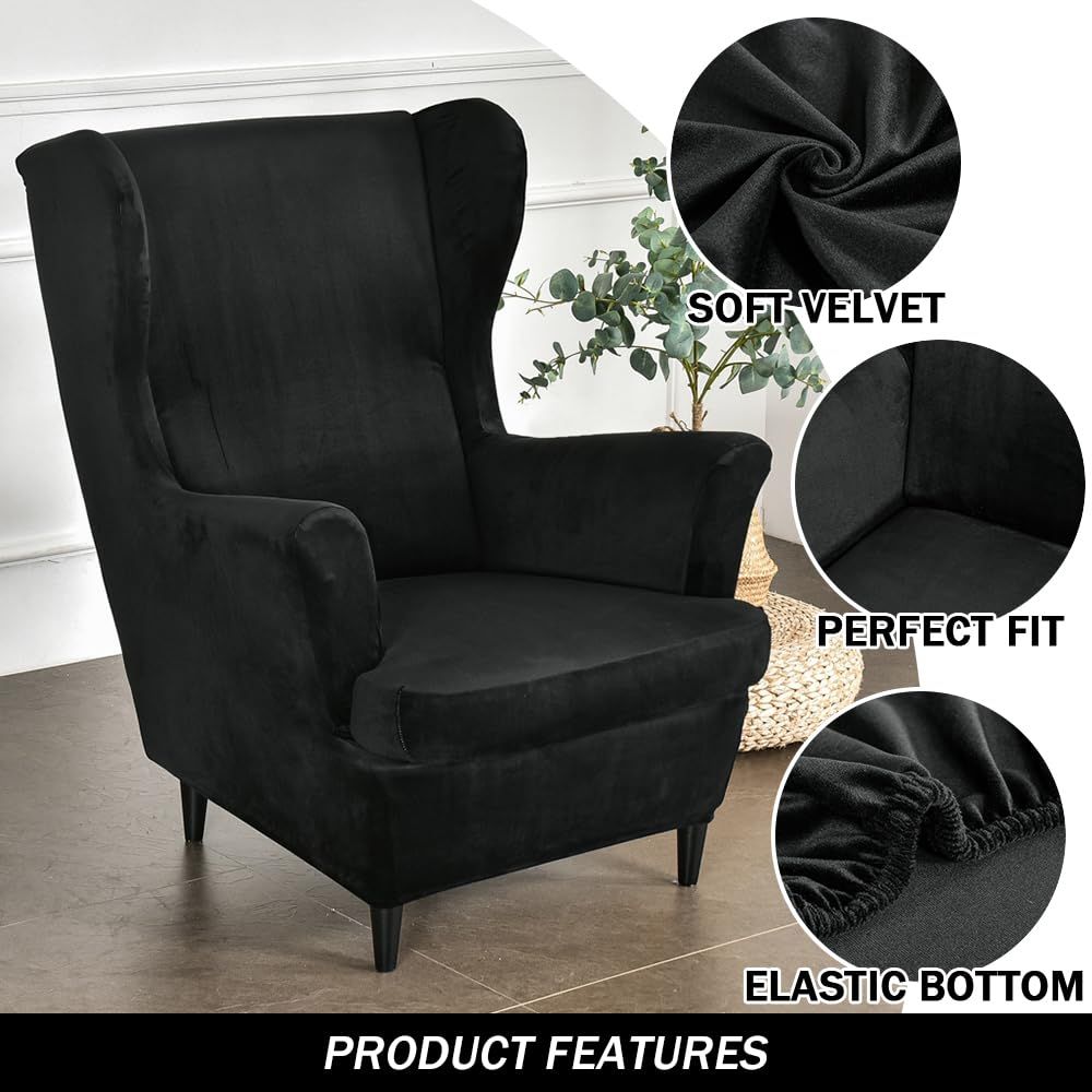 Tiger stool cover+cushion cover elastic silver fox fur cover soft armrest chair cover, with elastic bottom, suitable for living room and bedroom (black)