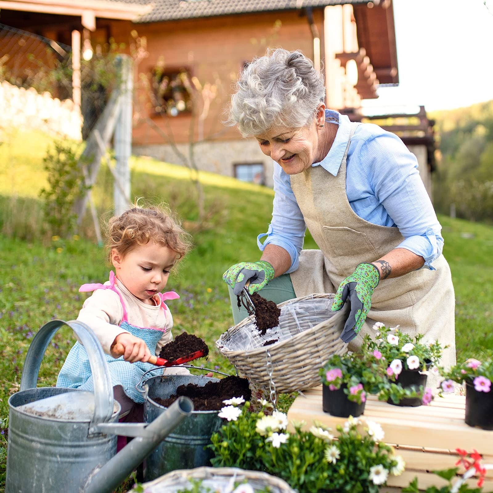 Microfiber printed gloves, garden planting and weeding gloves, gardening gloves, work gloves（Green flowers M）