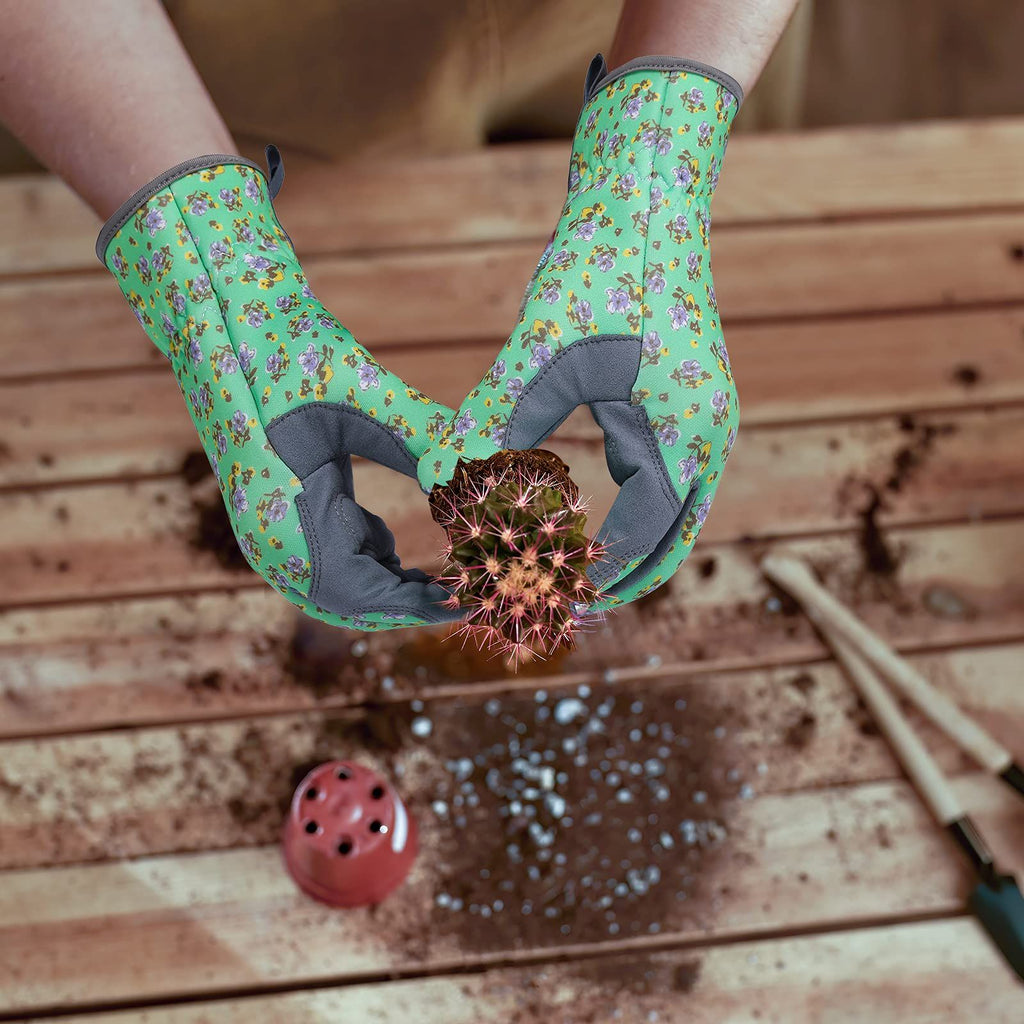 Microfiber printed gloves, garden planting and weeding gloves, gardening gloves, work gloves（Green flowers M）