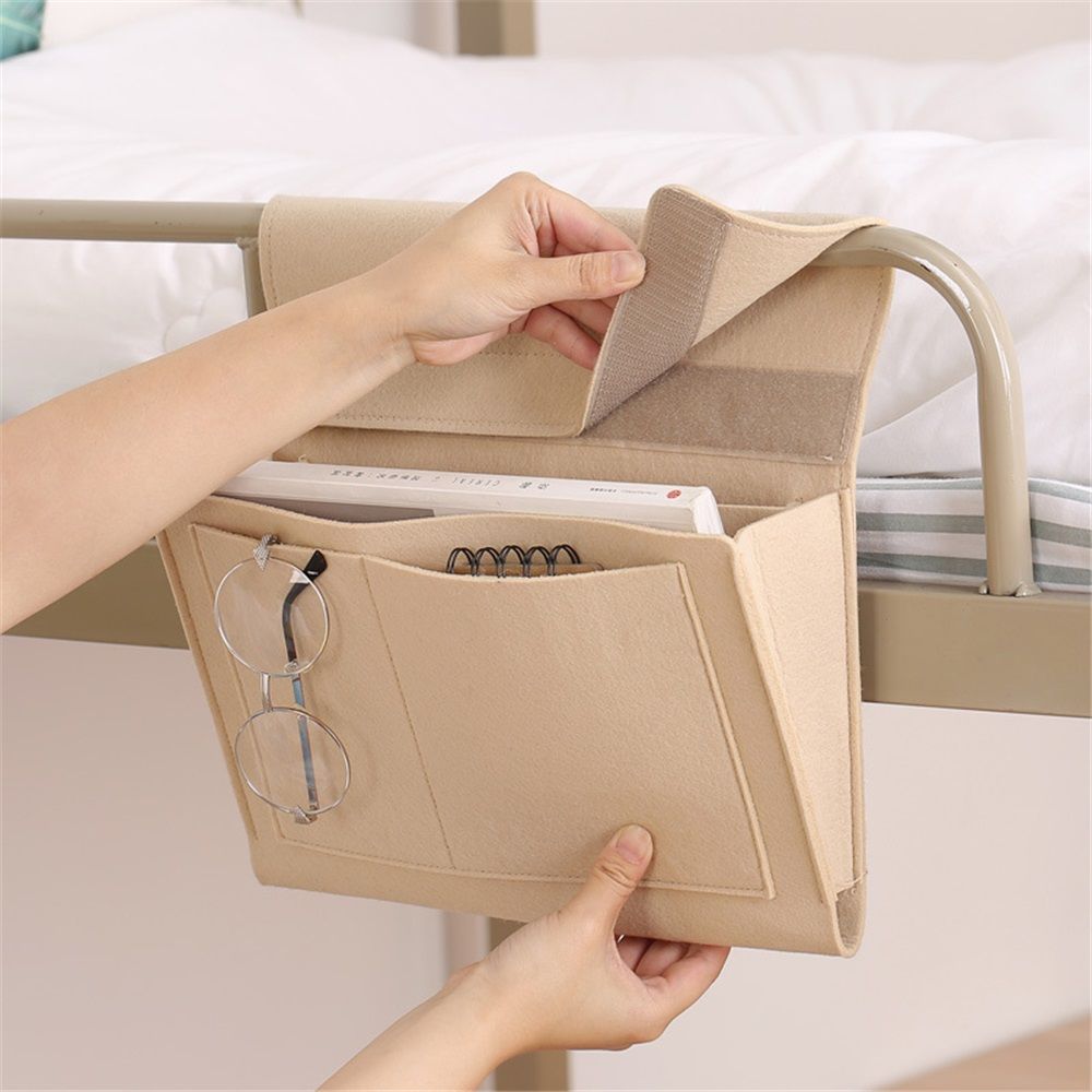 Bedside storage, 5-pocket felt bedside storage, home bedroom living room university dormitory bed water bottle, magazine, mobile phone, glasses hanging storage (beige)