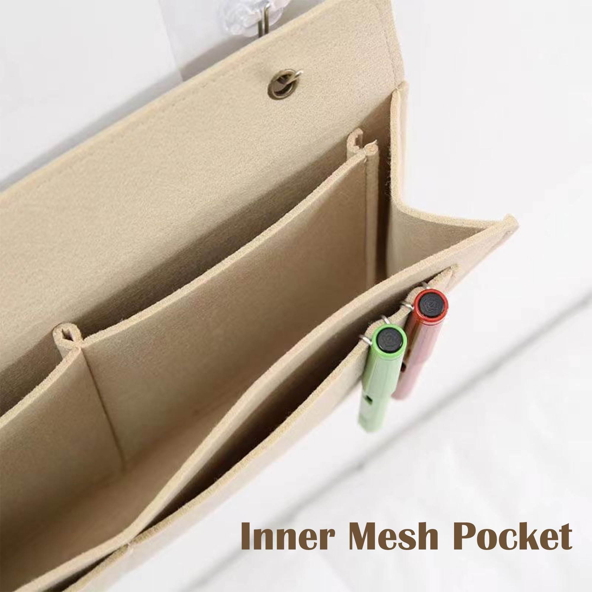 Bedside storage, 5-pocket felt bedside storage, home bedroom living room university dormitory bed water bottle, magazine, mobile phone, glasses hanging storage (beige)