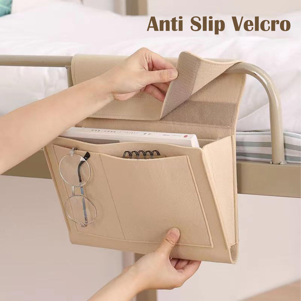 Bedside storage, 5-pocket felt bedside storage, home bedroom living room university dormitory bed water bottle, magazine, mobile phone, glasses hanging storage (beige)
