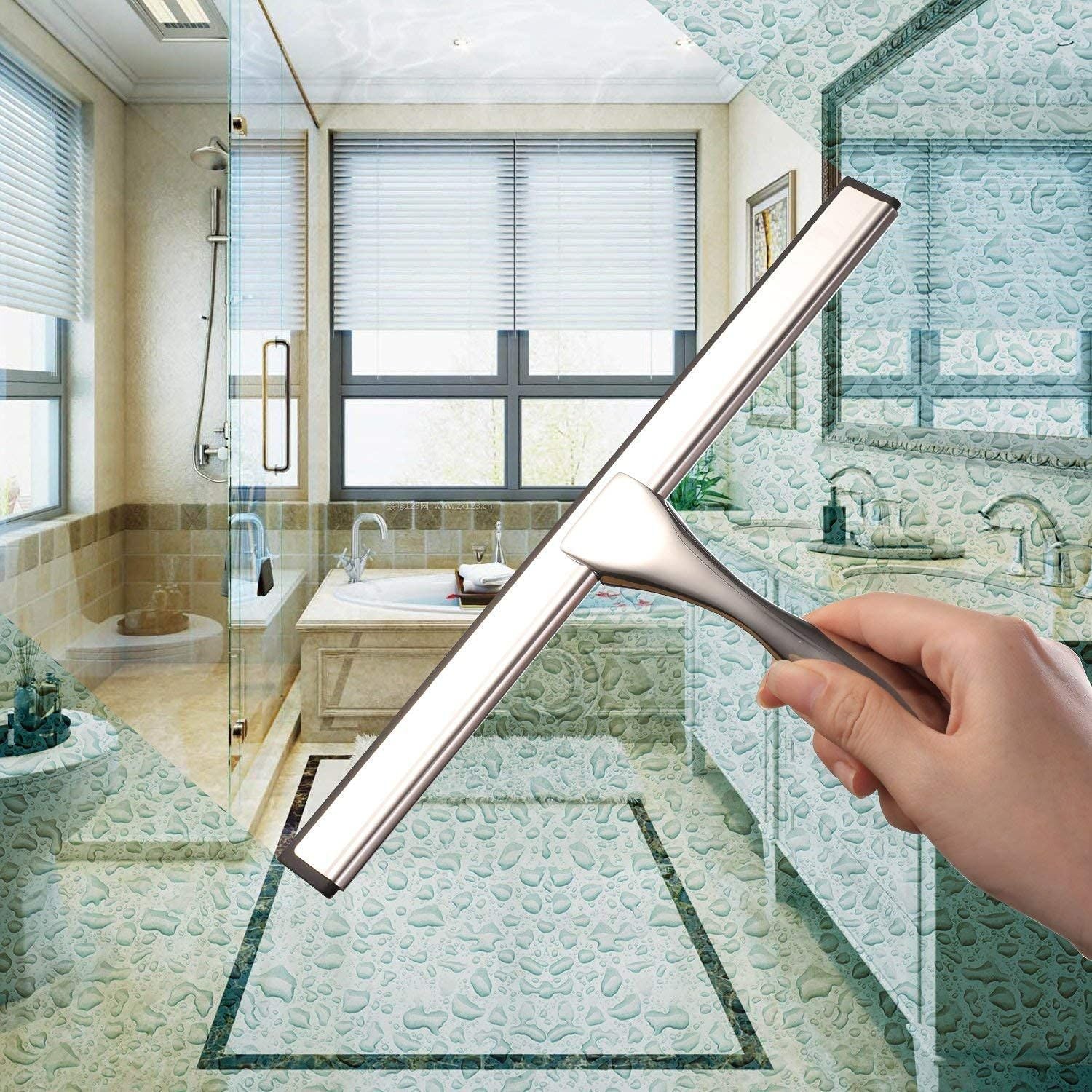 All-Purpose Shower Squeegee for Shower Doors, Bathroom, Window and Car Glass - Stainless Steel, （Scraper+Square Adhesive Hook）