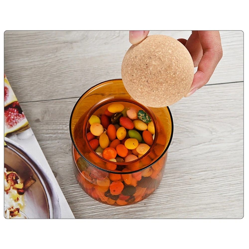 350ml Glass Storage Container with Ball Cork, Cute Decorative Organizer Bottle Canister Jar with Air Tight Wood Lid for Food, Coffee, Candy, Bathroom Apothecary Cotton Swab Qtip Holder（amber）