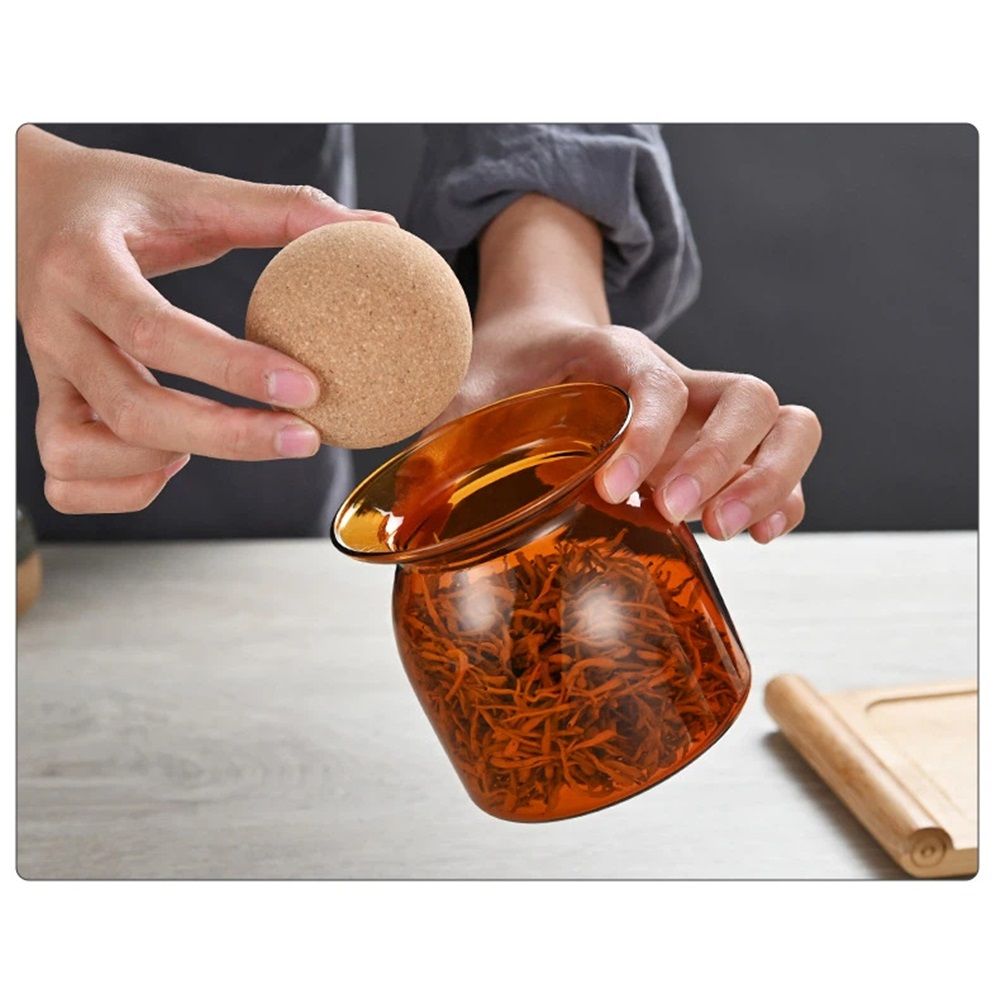 350ml Glass Storage Container with Ball Cork, Cute Decorative Organizer Bottle Canister Jar with Air Tight Wood Lid for Food, Coffee, Candy, Bathroom Apothecary Cotton Swab Qtip Holder（amber）