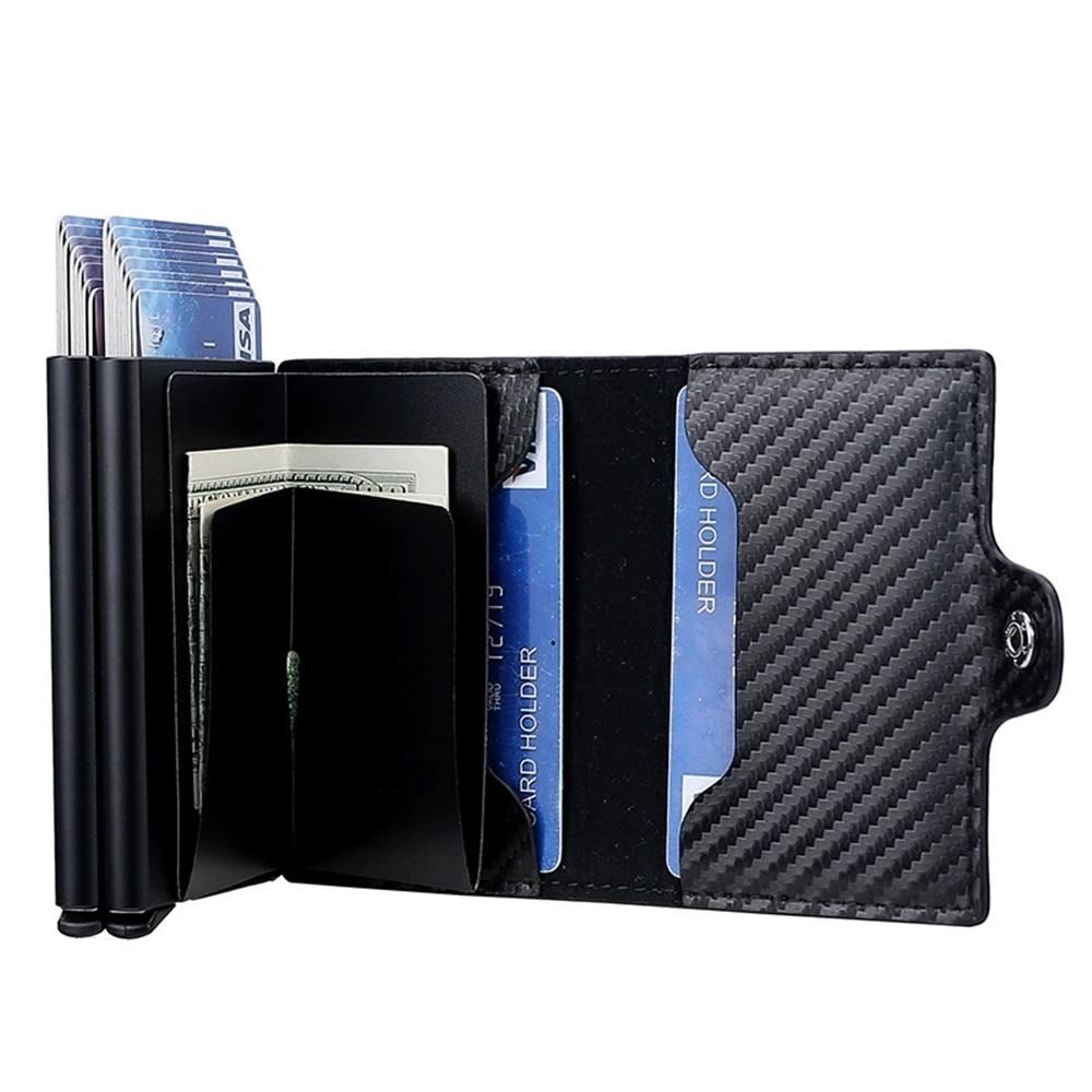 Men's wallet, ultra-thin RFID shielded wallet, wear-resistant PU automatic pop-up card holder, cash slot gift box(Carbon)