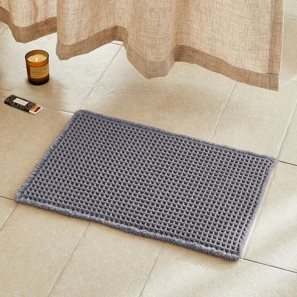 Waffle Bath Mat, Boho Bathroom Rugs Non Slip Washable Super Absorbent Quick Dry Bath Mat Farmhouse Bathroom Decor,  Grey 43x61cm