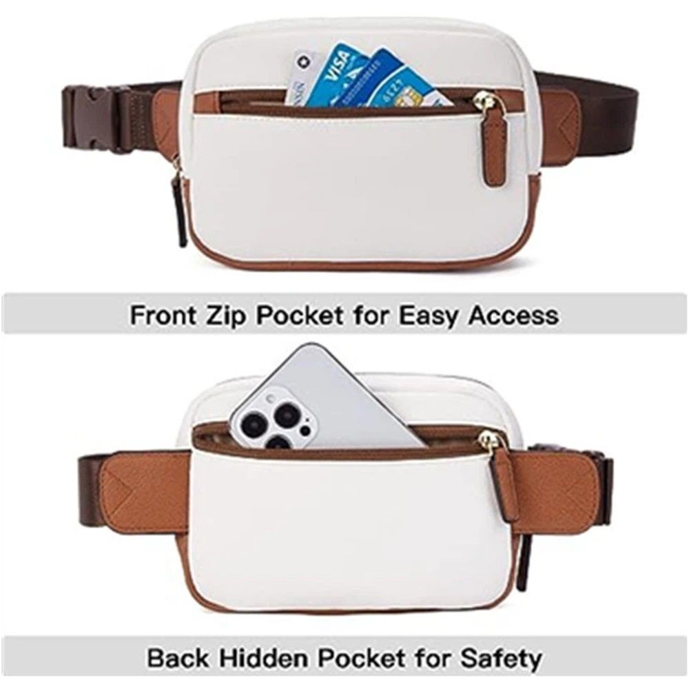 Women's PU leather fashionable waist with adjustable shoulder straps and a cross belly fashionable waist bag (white brown)