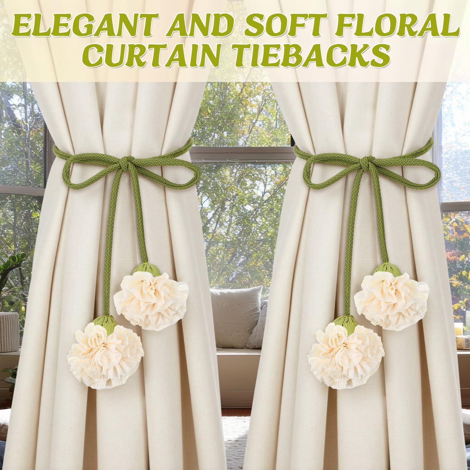 4 Pack Boho Handmade Flower Curtain Tiebacks Curtain Holdbacks - No Drill Rope Curtain Holder, Drapery Holdback Decorative Pull Backs for Nursery & Bedroom Decor (2, Lily of The Valley)