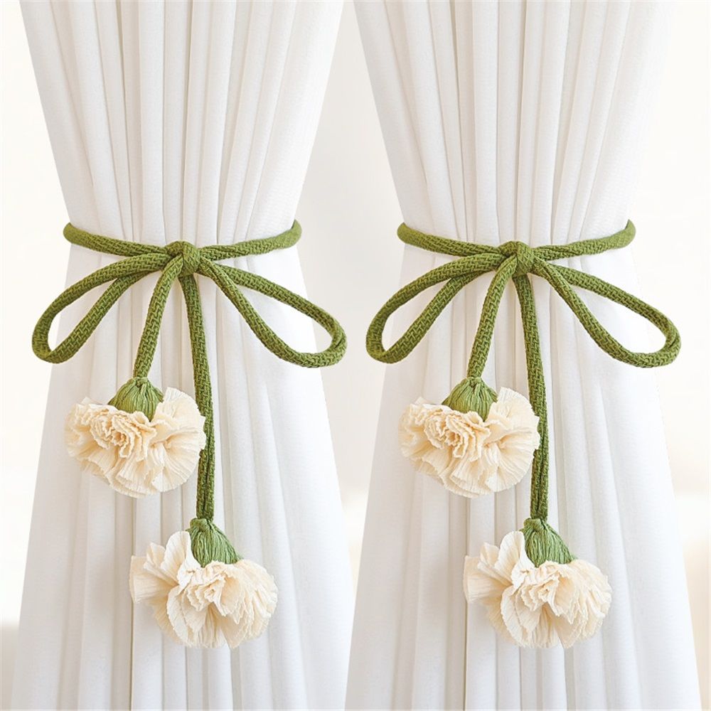 4 Pack Boho Handmade Flower Curtain Tiebacks Curtain Holdbacks - No Drill Rope Curtain Holder, Drapery Holdback Decorative Pull Backs for Nursery & Bedroom Decor (2, Lily of The Valley)