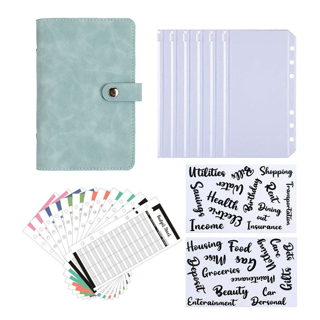 A6 binder diary, used for office, school, travel, business planning, including 12 budget cards, 8 PVC zipper bags, and 2 English stickers (cyan)